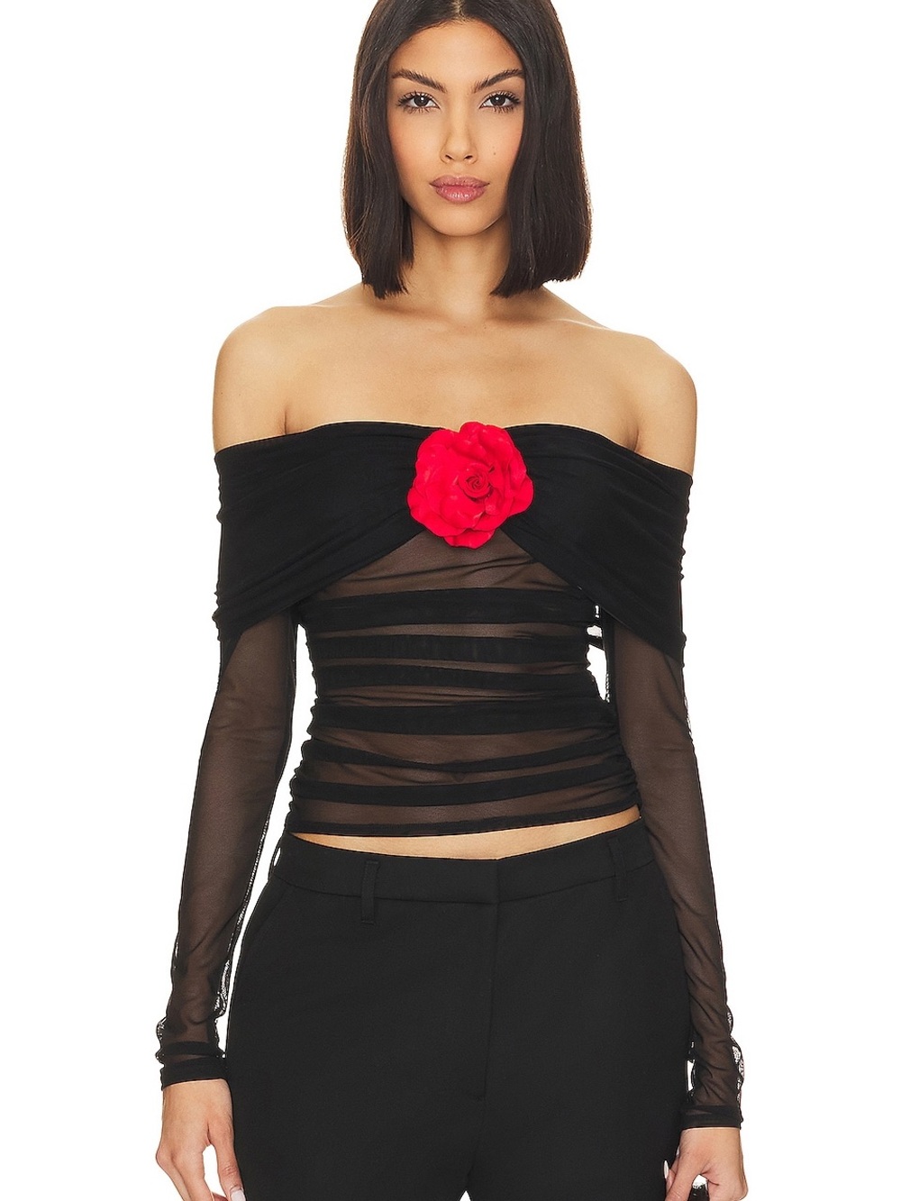 Amanda Uprichard Black Off-Shoulder Mesh Top with Red Flower